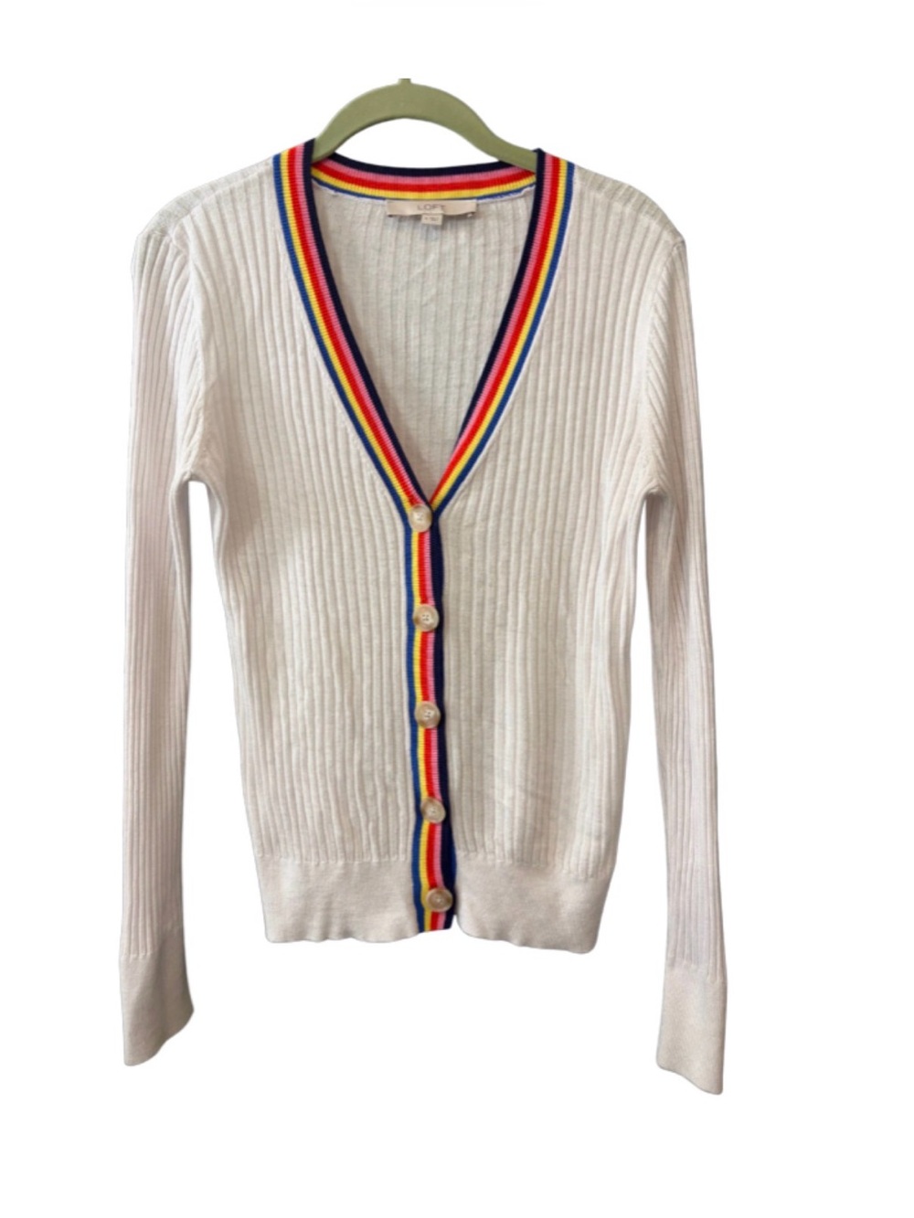 LOFT White V-Neck Rainbow Trim Button Cardigan Sweater